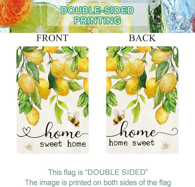 Baccessor Spring Garden Flag Lemon Bee Floral Home Sweet Home Small Yard Flag 12.5 X 18 Inch Double Sided Burlap Summer Welcome Flag for Outside Outdoor Decor