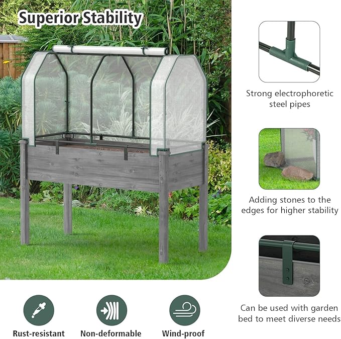S AFSTAR Raised Garden Bed with Greenhouse Cover, Elevated Wooden Planter Box, 47”L x 24”W x 30”H, Outdoor Gardening Planting Bed for Vegetables Flowers & Herbs Grow Backyard Patio Lawn
