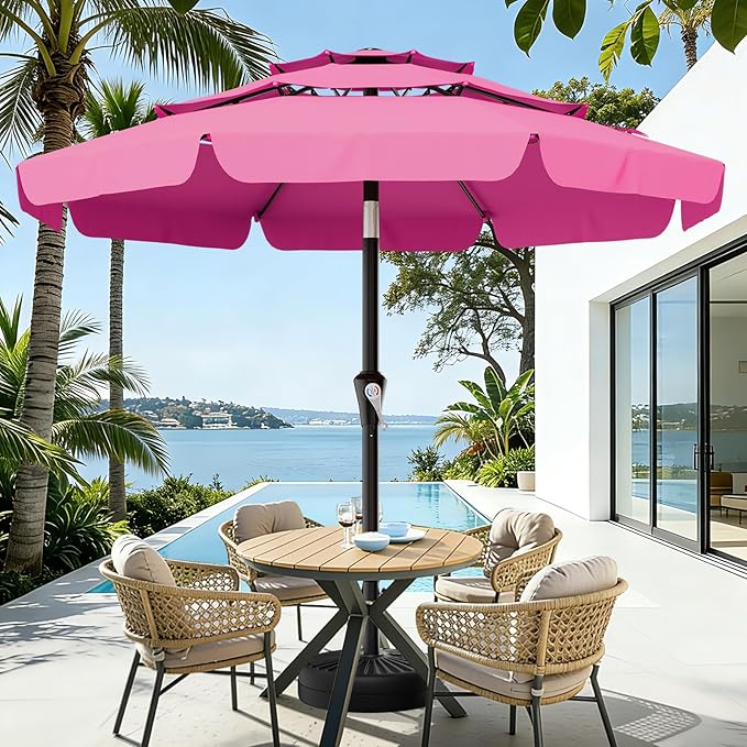 AreShark 9FT 3-Tiers Patio Umbrella with Valance, Outdoor Umbrellas with Crank/Tilt, Table Market Umbrella Vented w/ 8 Sturdy Ribs for Garden, Deck, Backyard, and Pool, Rose Pink