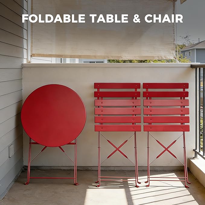 Grand patio 3-Piece Folding Bistro Set, 2 Chairs and 1 Table, Weather-Resistant Outdoor/Indoor Conversation Set for Patio, Yard, Garden -Dark Red