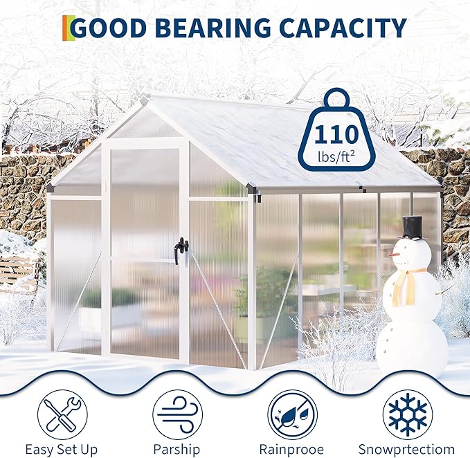 Garvee 6 x 10 ft Greenhouse, Greenhouses for Outside, Polycarbonate Greenhouse with Aluminum Frame, Lockable Door and Ajustable Roof Vent for Backyard, Green Houses for Outside Garden Backyard, Patio