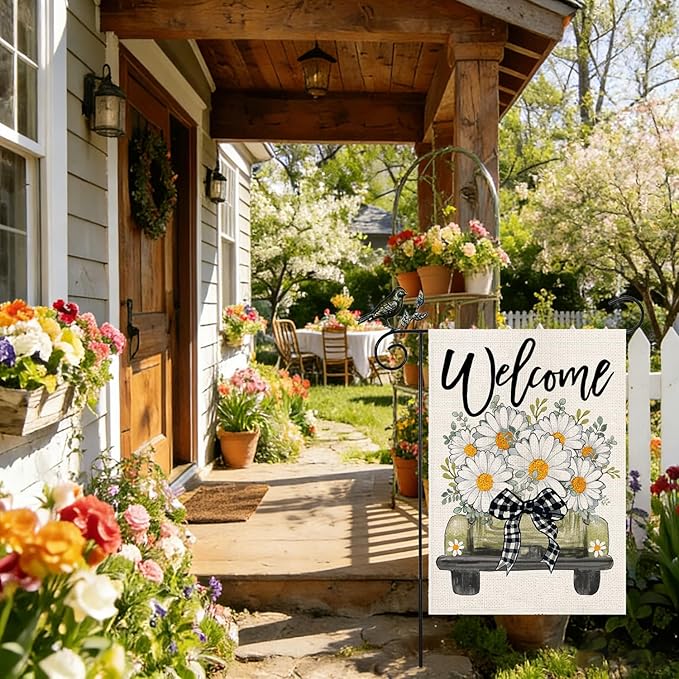 GEEORY Daisy Eucalyptus Truck Welcome Garden Flag 12x18 Inch, Double Sided Spring Summer Small Floral Flag, Farmhouse Rustic Outdoor Outside Yard Lawn Decoration