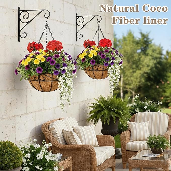 EIMQUVW 4 Pack Outdoor Patio Hanging Baskets 12 Inch Chain Link Round Metal Hanging Planters with Coco Liner Wire Flower Pots Suitable for Balconies Porches Gardens and Windowsills