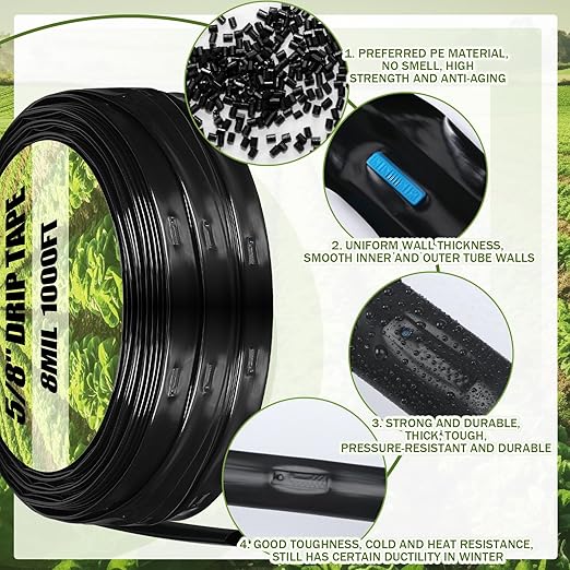Tondiamo 1000' 5/8 Inch Drip Tape Irrigation Tubing Kit 16 Mil 6" Spacing Garden Hose Watering Tube Line Automatic Equipment for Garden Irrigation System Farms, Landscape, Lawn