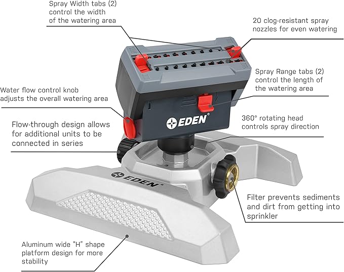 Eden 94127 Metal Adjustable 4-Way Mini Turbo Oscillating Sprinkler W/Quick Connect Starter Set, 20 Nozzle, Covers up to 4,000 sq. ft