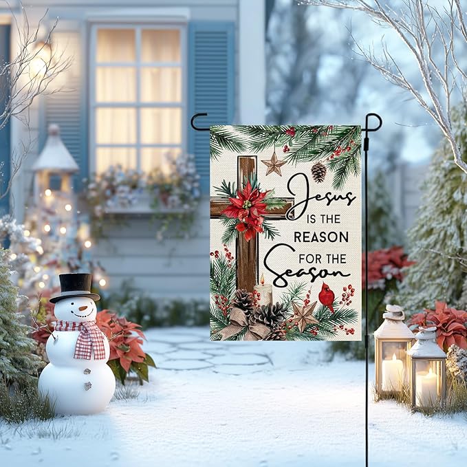CROWNED BEAUTY Christmas Garden Flag Jesus Is the Reason for the Season 12x18 Inch Double Sided Religious Cross Decoration for Outside Yard CF1890-12