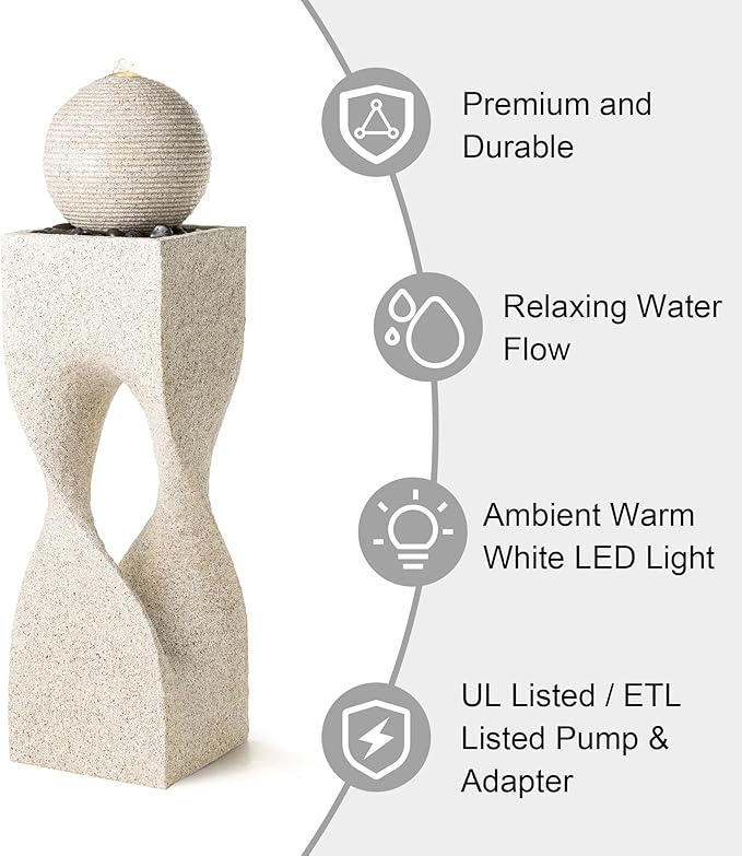 Glitzhome Outdoor Water Fountain, Outdoor Fountain with Pebbles, Pump and LED Light, 36.5" H Polyresin Modern Geometric Pedestal and Sphere Waterfall Fountain Water Feature for Garden, Patio, Yard