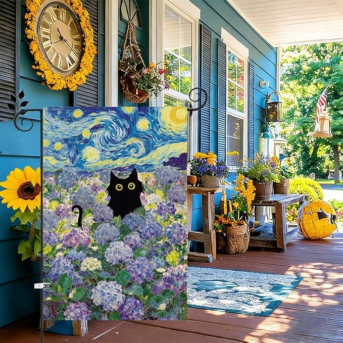 Baccessor Spring Summer Cat Garden Flag 12.5x18 Inch Double Sided Burlap with Clip and Stopper, Hydrangea Flowers Flags Starry Night Yard Lawn Seasonal Farmhouse Outside Outdoor Decoration