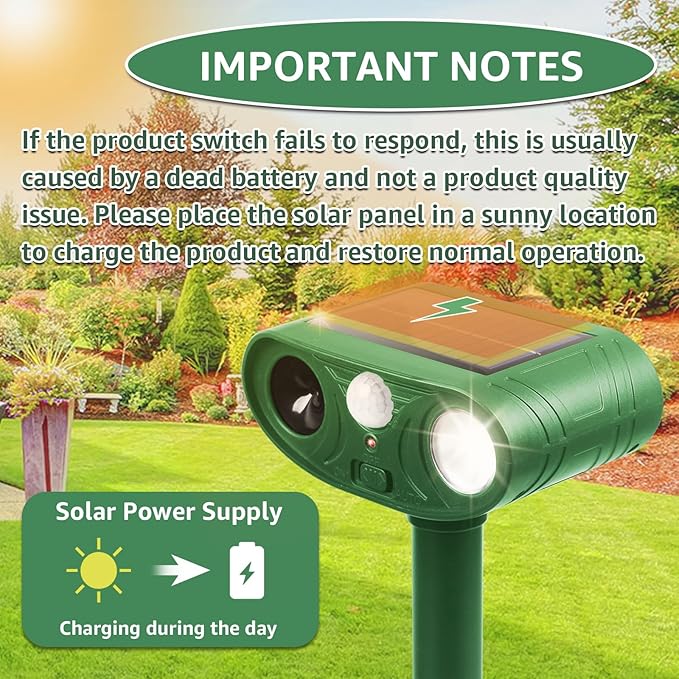 Solar Ultrasonic Animal Repellent Outdoor with Motion Sensor Strobe Light Deer Repellent Devices for Squirrel Rats Snakes Rabbit 25KHZ Silent Deterrent Dual Mode Yard Garden Lawn Pest Control 2PCS