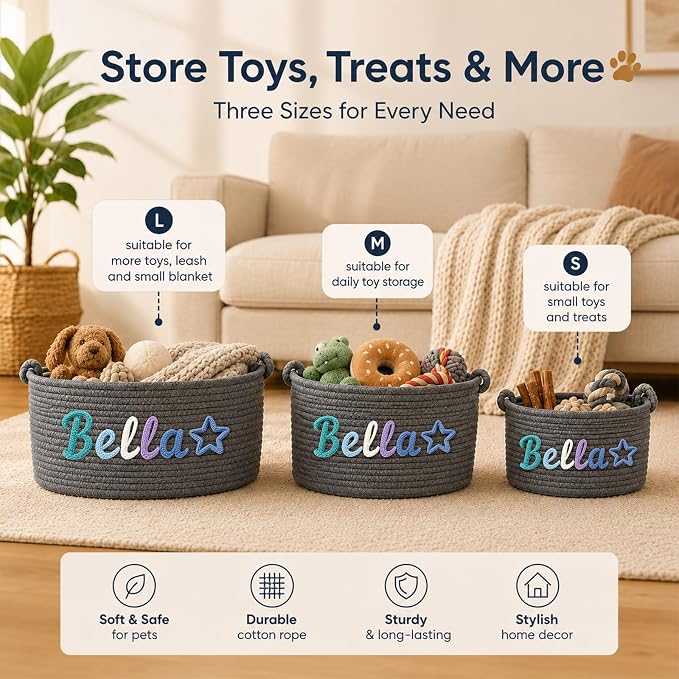 Personalized Dog Cat Toy Basket with Name, Custom Pet Storage Bin