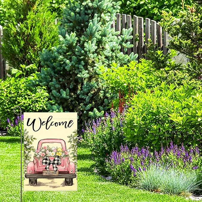 Vintage Pink Truck Garden Flag,12x18 Inch Spring Welcome Floral Design, Decorative Outdoor Double Sided Flag with Buffalo Check Bow, Farmhouse Style