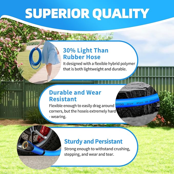YOTOO Heavy Duty Garden Hose, Water Hose 5/8-Inch by 50-Feet 500 PSI Kink Resistant, Flexible with Swivel Grip Handle and 3/4" GHT Solid Brass Fittings, Blue