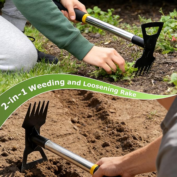 2 in 1 Weed Tool, 15.7" Short Handle Weed Rake with 5-Tine Head, Small Garden Hoe for Weeding in Flower Beds, Courtyards & Narrow Gaps