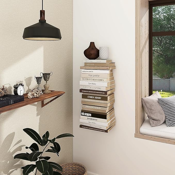 Mefirt Invisible Floating Bookshelves for Wall, 2 Pack Floating Bookshelf | White Vertical Spine Book Tower, Heavy Duty Floating Book Shelves Metal Book Organizers for Home Office