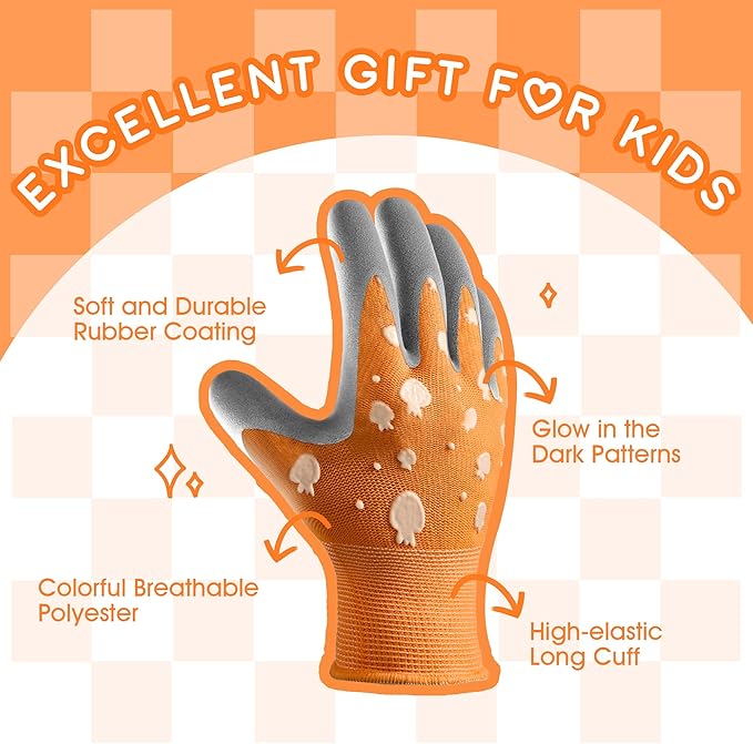 COOLJOB Glow in The Dark Kids Gardening Gloves for Age 9-12, 2 Pairs Children Reflective Yard Work Rubber Coated Gloves, Blue with Whale, Orange with Jellyfish, Large