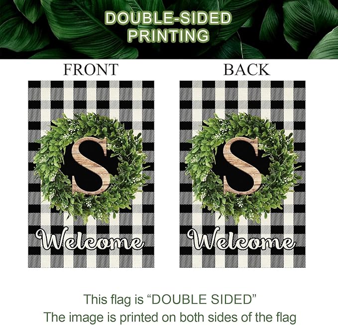 Baccessor Monogram Letter S Garden Flag 28 x 40 Inch, Buffalo Plaid Family Last Name Initial Boxwood Wreath Welcome Vertical Double Sided Large Flags for Outdoor Outside Decoration