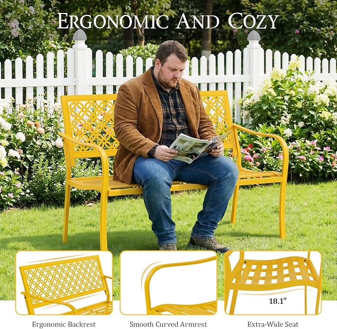 50" Outdoor Bench Weatherproof, 700 lbs Capacity Heavy Duty Garden Benches with Galvanized Metal Frame, Patio Bench with Floral Backrest, Patio Furniture for Porch, Park, Yard, Entryway, Yellow