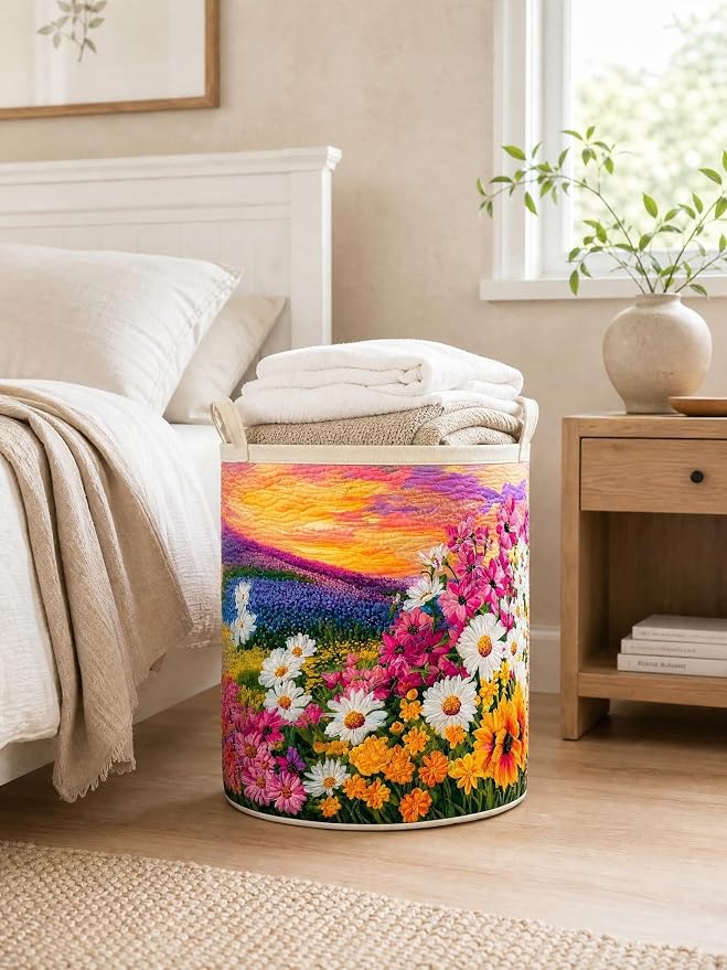 Quilted Laundry Basket with Handles, Boho Floral Quilted Storage Hamper, Large Capacity Laundry Hamper for Nursery Bedroom Laundry Room Home Decor (Pattern 01, Medium (22"H x 16"W x 16"L))