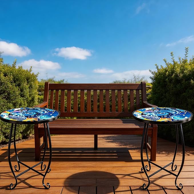 15 Inch Jellyfish Mosaic Side Tables (Set of 2) - Small Outdoor Round Folding Tables with Weather-Resistant Metal Frame, Coastal Accent End Table for Patio, Balcony, Garden