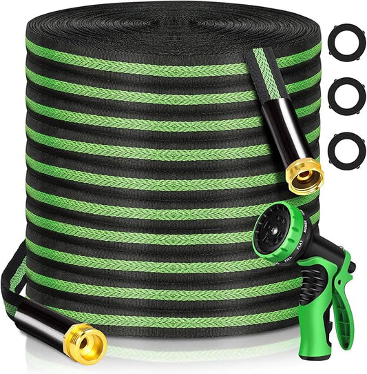 Garden Hose 100 ft Flexible Water Hoses Non-Expanding Lightweight Portable No Kink High Pressure Flat Fabric 3/4” fittings Leak-proof Durable Pipe for Outdoor Outside Yard Lawn Patio Watering