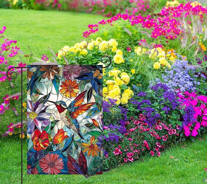 Stained Glass Spring Hummingbird Garden Flag 12x18 Inch Double Sided for Outside, Colorful Small Large Burlap Yard Flag for Summer Farmhouse Holiday Outdoor Decorations