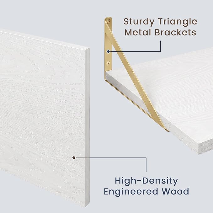 Dreamland Wall Mounted Floating Shelves Set of 2, 24x12, White&Gold