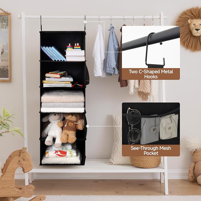 StorageWorks Hanging Closet Organizer for Small Closets, 5 Shelf | Add More Storage to Small Closets with 5 Reinforced Shelves, Perfect for Bedroom, Dorm and RV, Black