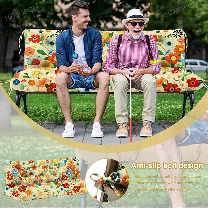 Premium 5" Thick Waterproof Outdoor Swing Cushions Sturdy Durable 2-3 Seat Replacement Porch Swing Cushions with Backrest&Ties Bench Cushion for Outdoor Furniture Backyard Patio (Flower03)