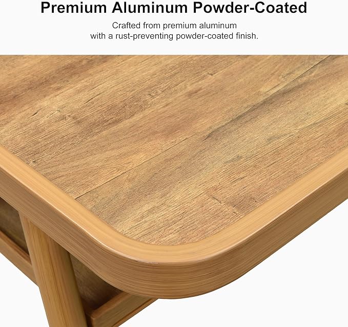 PURPLE LEAF Outdoor Aluminum Counter Height Bar Stools Table with Shelve Pub High Table for Patio Poolside Deep Teak