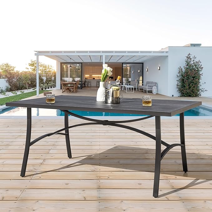 NUU GARDEN 63" Aluminum Slat Top Outdoor Patio Dining Table, 6-8 Person Rectangle Aluminum Bistro Table with 1.97" Umbrella Hole, Powder Coated Frame Dining Tables for Backyard Garden, Black