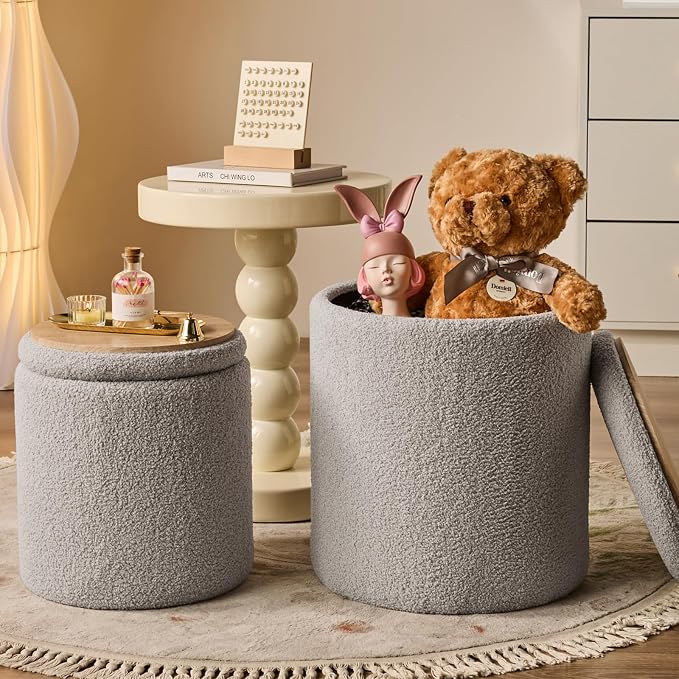 BLEXA Round Ottoman with Storage Set of 2 Gray Sherpa Vanity Stool | Multifunctional Ottomans Coffee Table Padded Seat Foot Rest for Living Room & Bedroom (Sherpa Gray)
