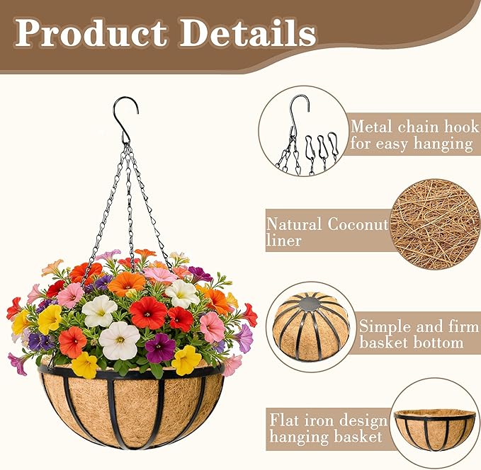 EIMQUVW 4 Pack Round Hanging Baskets 12 Inches Black Outdoor Metal Flower Pots with Coco Liner and Chain Heavy Duty Flat Iron Hanging Planters for Indoor Outdoor Gardens Decor