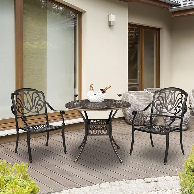 VINGLI Outdoor Dining Chairs Set of 4 Aluminum Patio Chairs, Cast Aluminum Patio Furniture Aluminum Outdoor Chairs for Backyard, Poolside, Balcony Bronze (4, Elizabeth Back Without Cushion)