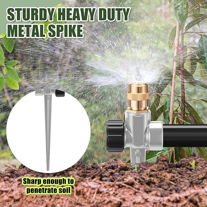 Tioncy 4 Pack Metal Lawn Sprinkler Automatic Garden Water Sprinkler on Spike Base 360 Degree Rotation with Adjustable Brass Nozzle for Lawn Garden Yard (Grey)