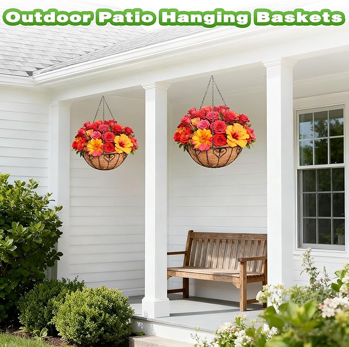 2 Pack 12 Inch Metal Outdoor Hanging Baskets Black Heavy Duty Hanging Planters with Coco Liners for Indoor Outdoor Plants Gardens Patios Terraces（Heart-Shaped）