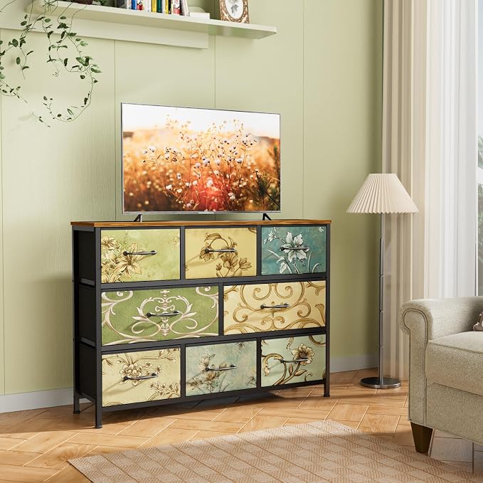 Furnulem 8 Drawer Dresser for Bedroom, Wide Vintage Fabric Chest of Drawers | Vintage Dresser for Closet, Fabric Storage Drawer Units, Retro Floral Dresser for Living Room, Hallway, Entryway, Wooden Top