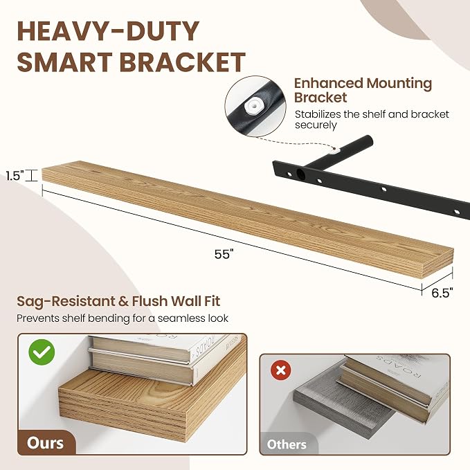 Acovy 55 Inch Floating Shelves for Wall 2 Pack, 55" Wall Shelves for Books, Storage, Decor, Wall Mounted Floating Shelf with Invisible Brackets for Kitchen, Living Room, Light Brown