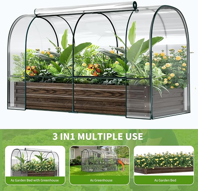 DoCred Galvanized Raised Garden Bed with PVC Cover, 72.8" x 37.4" x 47.2" Metal Planter Bottomless Box w/ Roll-Up Window, Mini Greenhouse Tent for Outdoor Growing Vegetables Flower Fruit