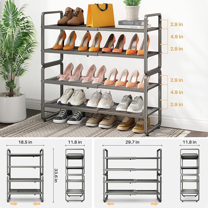 SNTD Expandable Metal Shoe Rack for Closet, Entryway & Garage, 4-Tier, Grey