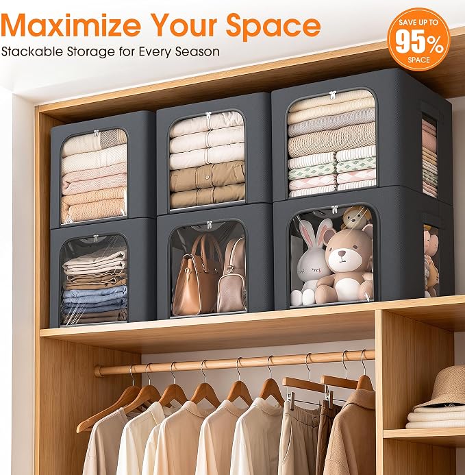 6 Pack Clothes Storage Bins with Metal Frame,40L Storage Bags Fabric Box Organizer with Clear Window,Zippers,Sturdy Handles(6 Pcs,Light Grey,40L)