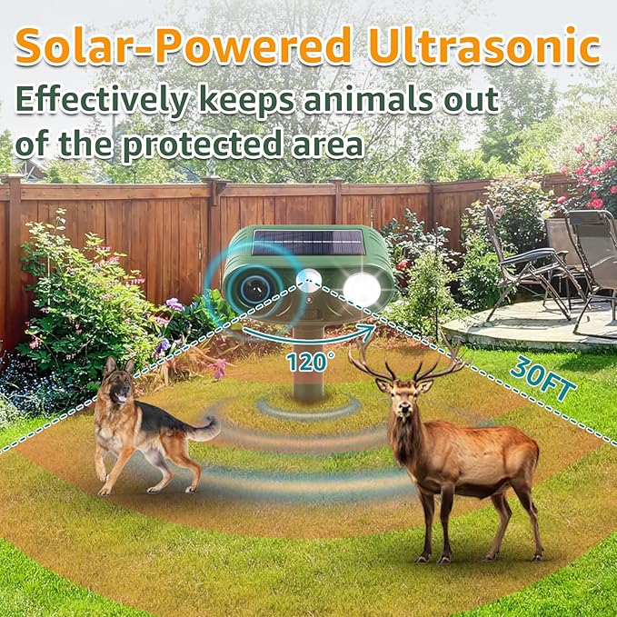 Solar Ultrasonic Animal Repellent Outdoor with Motion Sensor Strobe Light Deer Repellent Devices for Squirrel Rats Snakes Rabbit 25KHZ Silent Deterrent Dual Mode Yard Garden Lawn Pest Control 2PCS