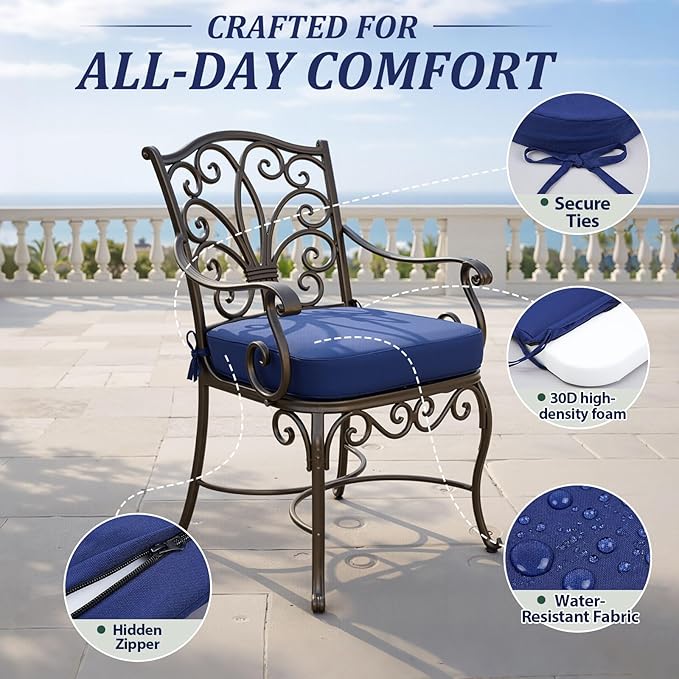 Youyole Outdoor Chair Cushions Set of 4, 17" x 16" x 3" Thick Foam D-Shaped Patio Seat Cushions with Ties, Waterproof & Fade Resistant Kitchen Chair Pads for Dining Furniture, Garden, Patio Sofa
