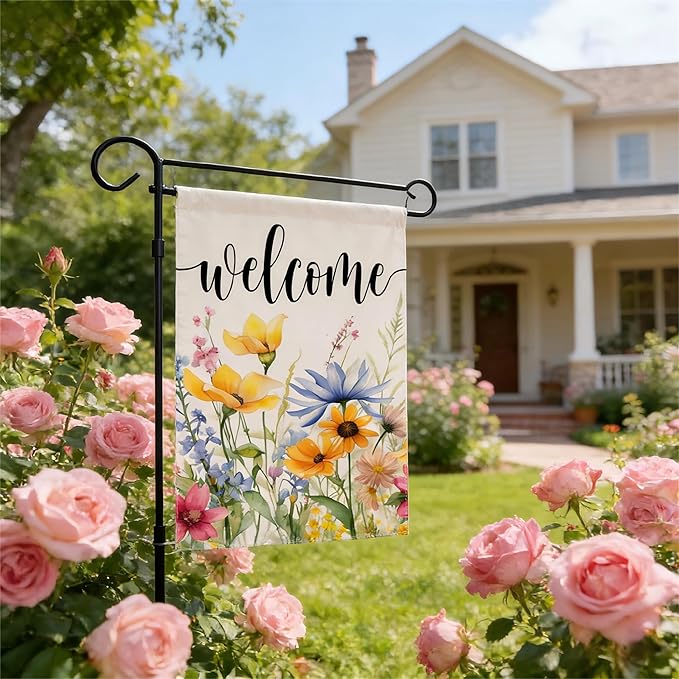 Spring Garden Flag 12x18 Inch Double Sided Outdoor Decor Watercolor floral welcome design for spring decor, seasonal summer garden flag for outside yard, patio, farmhouse, and holiday outdoor decoration