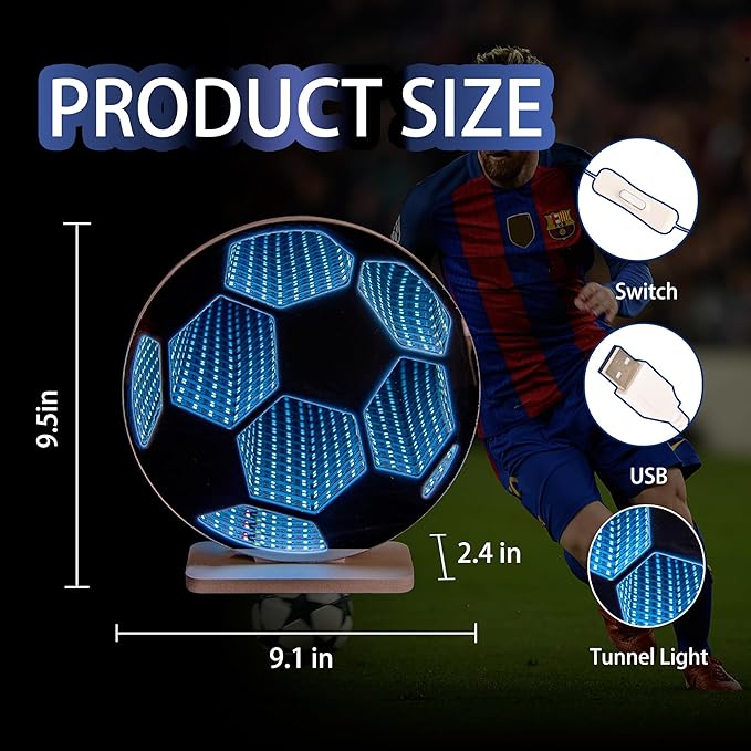 3D Soccer Infinity Mirror Light, LED Infinity Mirror Night Light with Endless Goal Tunnel Effect, USB Powered 3D LED Lights for Kids Sports Room & Game Room, Gift for Boys Fan, 9.1"