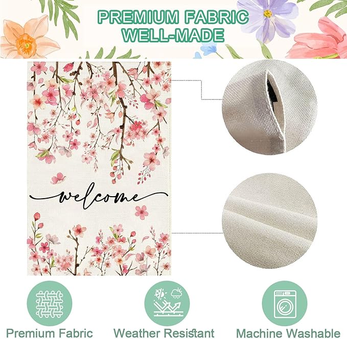 Baccessor Spring Summer Welcome Garden Flag 12.5 x 18 Inch Double Sided Burlap Pink Floral Cherry Blossom Farmhouse Small Yard Flag Summer Holiday Seasonal Outdoor Outside Decoration
