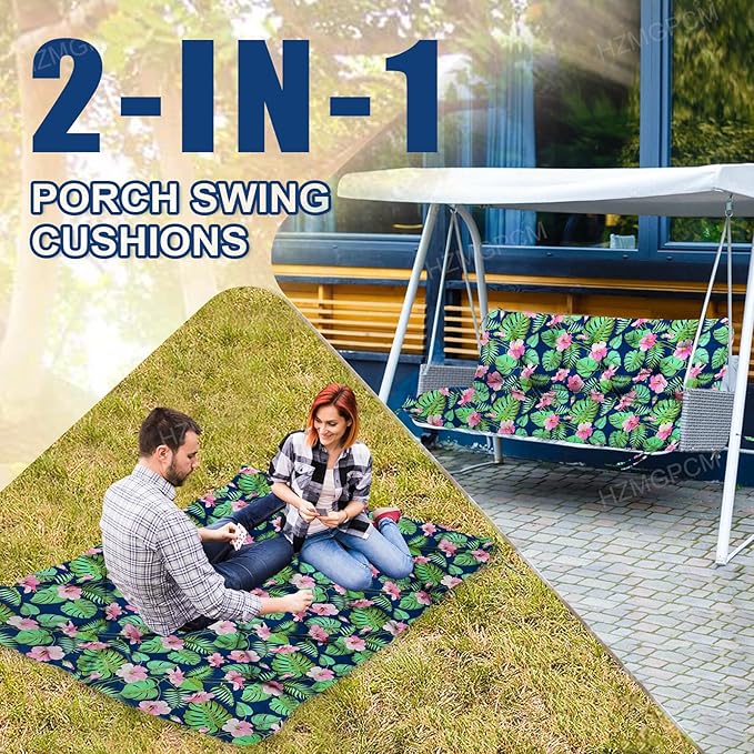 Premium 5" Thick Waterproof Outdoor Swing Cushions Sturdy Durable 3 Seat Replacement Porch Swing Cushions with Backrest&Ties Bench Cushion for Outdoor Furniture Backyard Patio（Flower02）