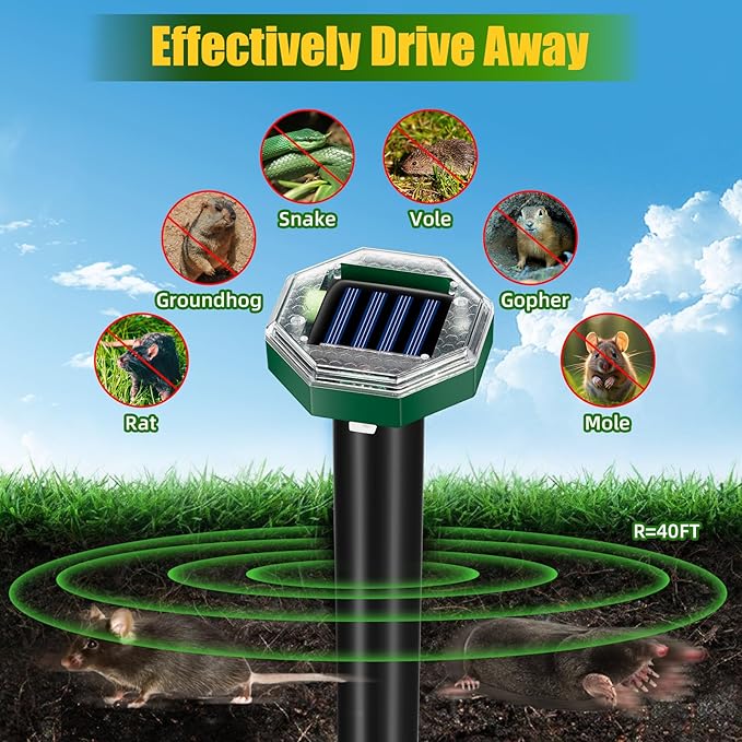 Mole Repellent Solar Powered,8 Pack Gopher Repellent Ultrasonic Mole Stakes Spike Deterrent for Yard,Solar Rodent Repeller Outdoor for Vole Groundhog Snake Burrowing Animals for Lawns Gardens Farms