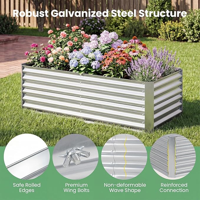 HAPPYGRILL Raised Garden Bed with Cover, Galvanized Planter Boxes Outdoor w/Mini Greenhouse, 2 Roll-up Windows & Open-Ended Base, Metal Growing Raised Bed for Vegetables (Silver, 71” x 36” x 48”)