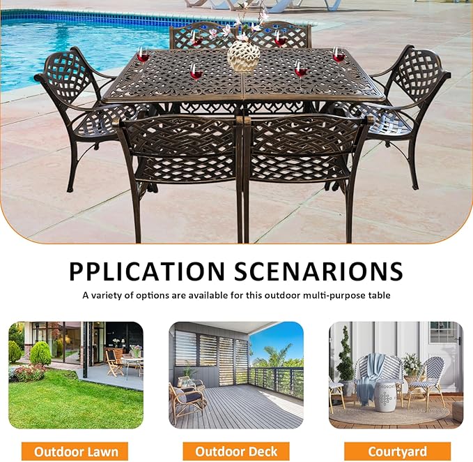 58.66" Bronze Aluminum Hollow Pattern Outdoor Dining Table, Fits 8, With Umbrella Hole
