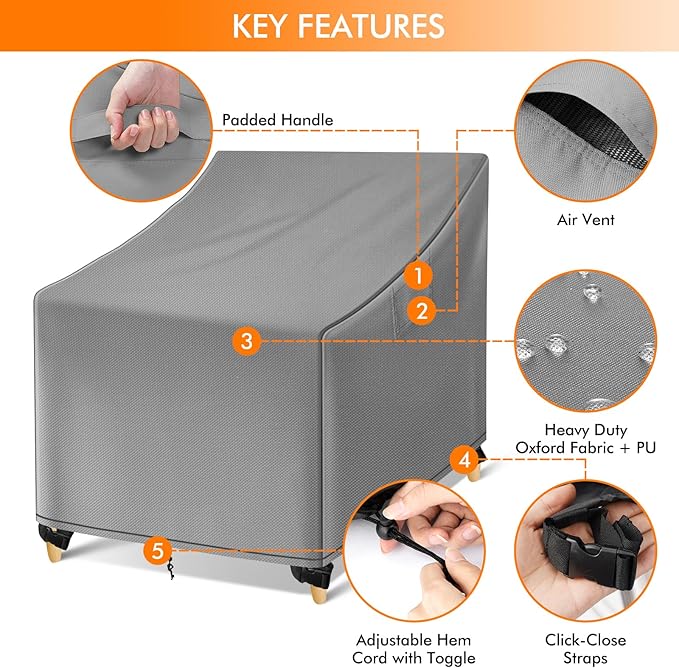 WLEAFJ Outdoor Chair Covers Waterproof, Gray Lawn Patio Furniture Covers, Heavy Duty Wicker Garden Sofa Chair Cover, 2 Pack - 31.5" W x 33.5" D x 36" H
